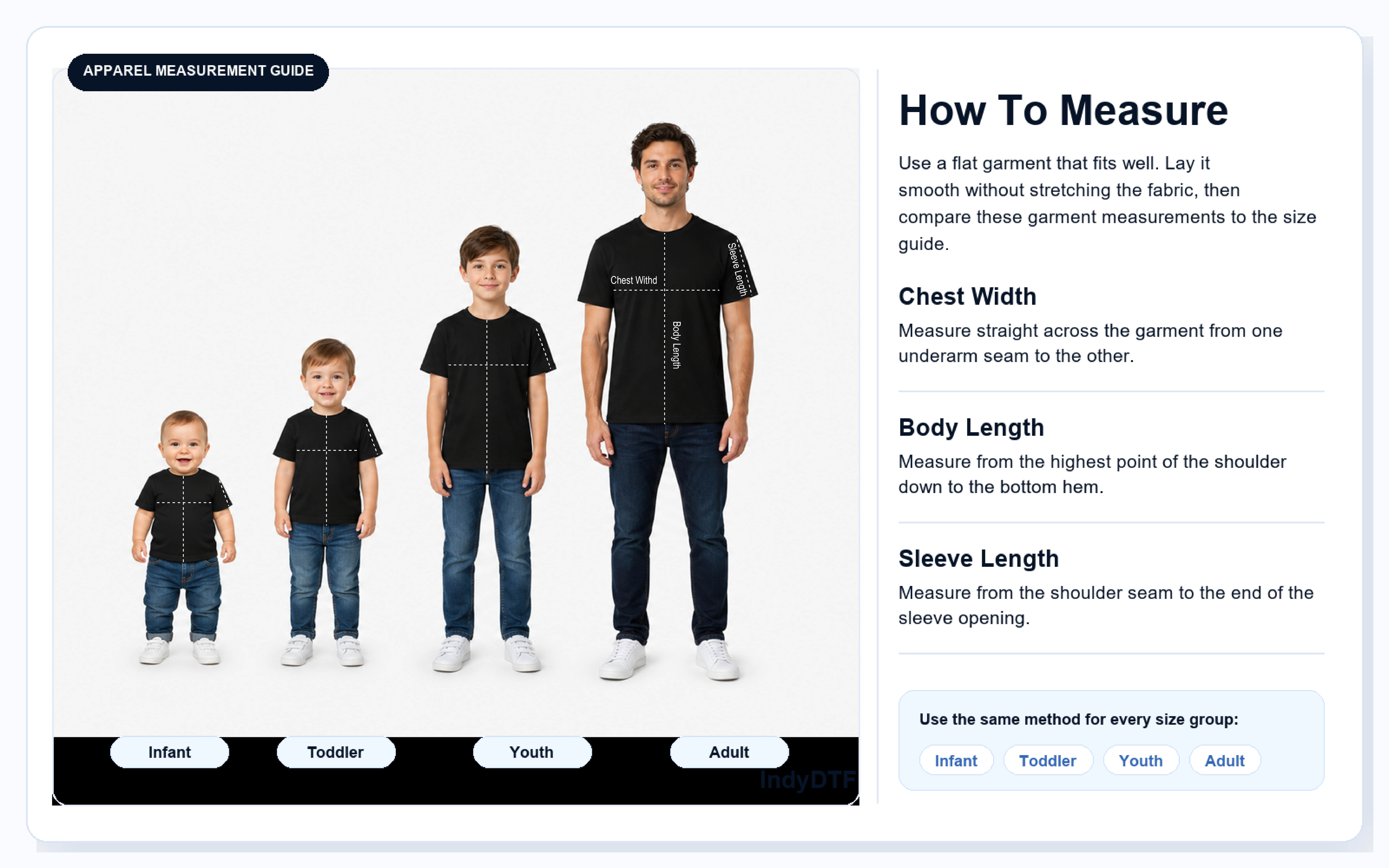 Apparel measurement guide for infant, toddler, youth, and adult garments.